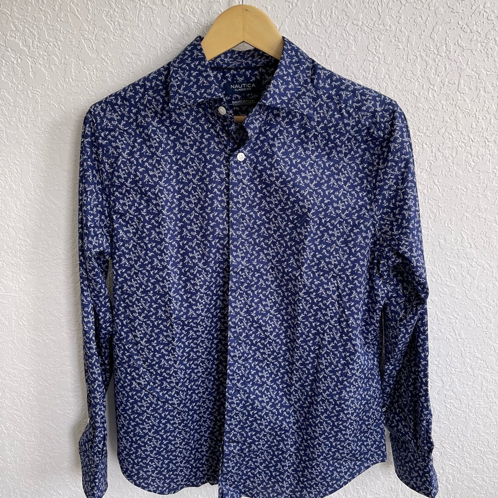NAUTICA long sleeve men shirt blue with white design